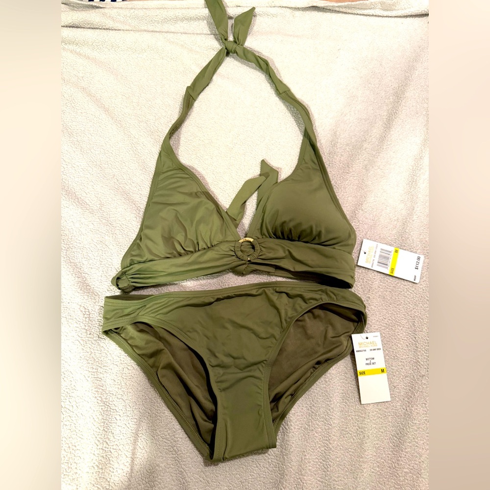 MICHAEL KORS Olive Green Halter Bikini Set size M